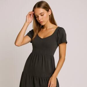 Nation‎ LTD Roman Tiered T Shirt Dress Pima Cotton Gray Smocked Flutter Sleeve S